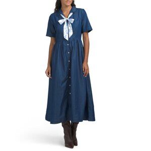 LUNA SKIES Dark Denim Shirt Dress With Scarf